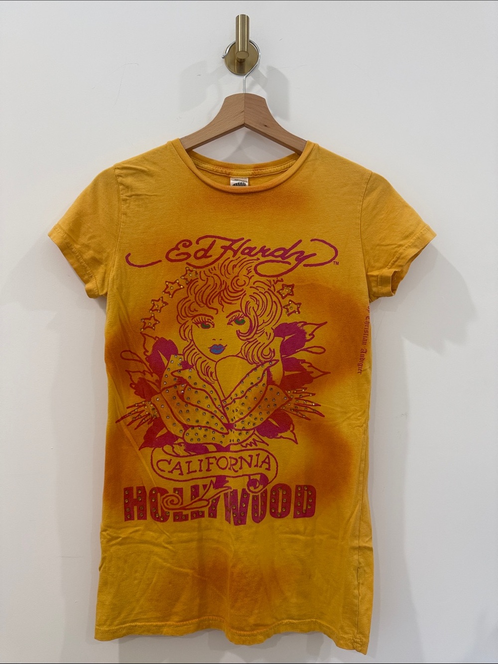 Ed Hardy Yellow Tee with Magenta Graphic
